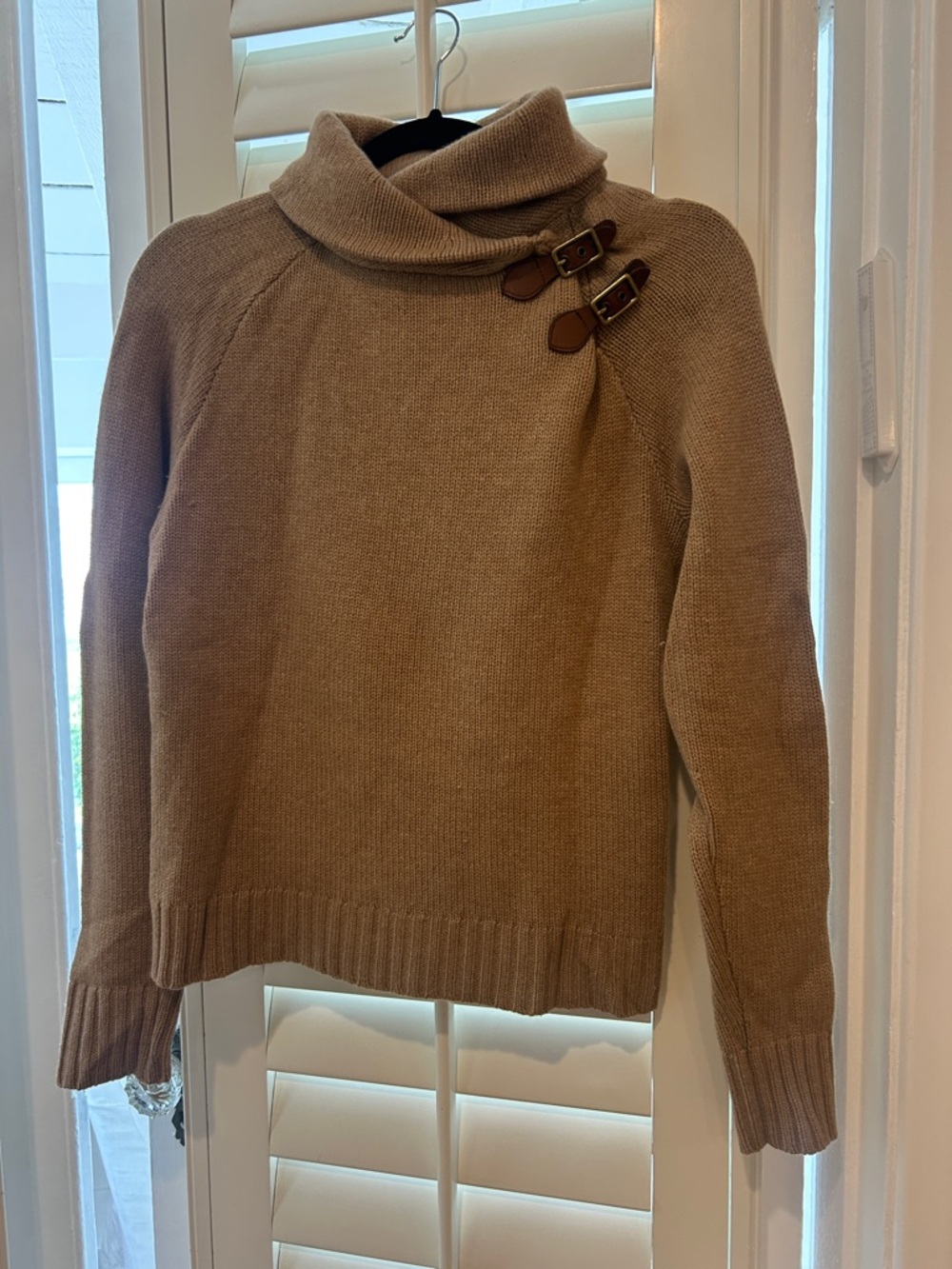 Ralph Lauren Tan Cowl Neck Turtleneck Sweater with Buckle Detail